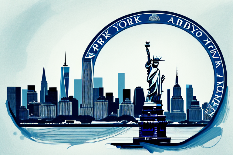 A new york skyline featuring the statue of liberty with a notary seal in the foreground